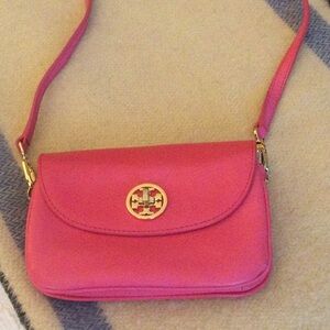 Tory Burch Hot Pink Leather Crossbody with Gold Logo